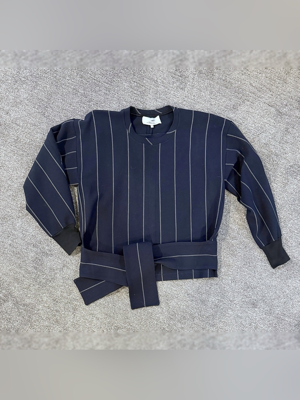 3.1 Phillip Lim Navy Pinstripe Tie-Waist Crewneck